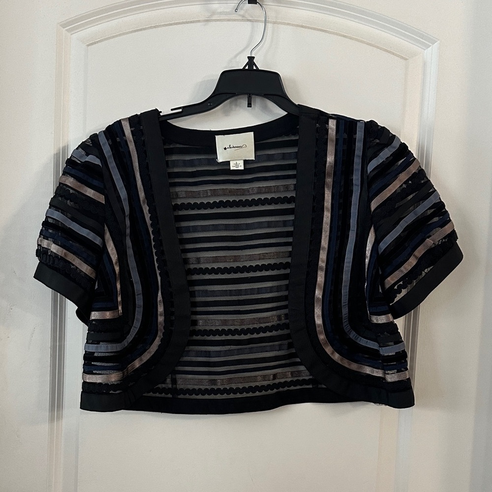 NEW Anthropologie Striped Sheer Black and Blue Bolero Jacket - Size L